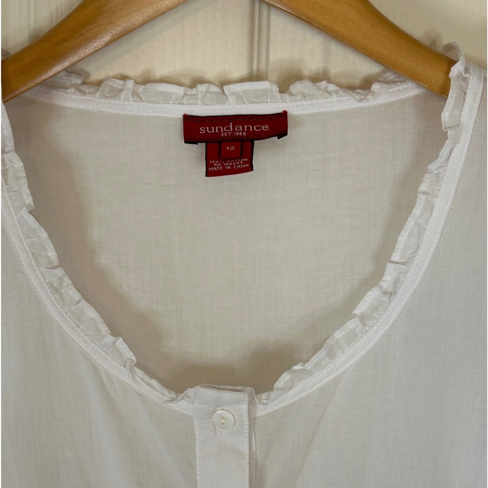Sundance White Cotton Long Sleeve Button‎ Front Blouse Ruffle Trim Size 12 - Picture 3 of 15
